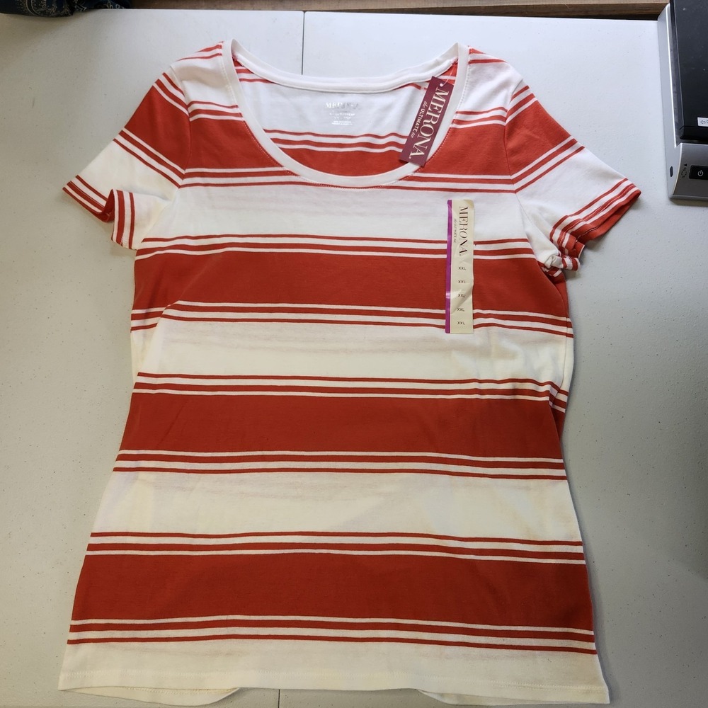 Merona Women's Orang&White Striped Short Sleeve Scoop Neck T-Shirt XXL NWT
